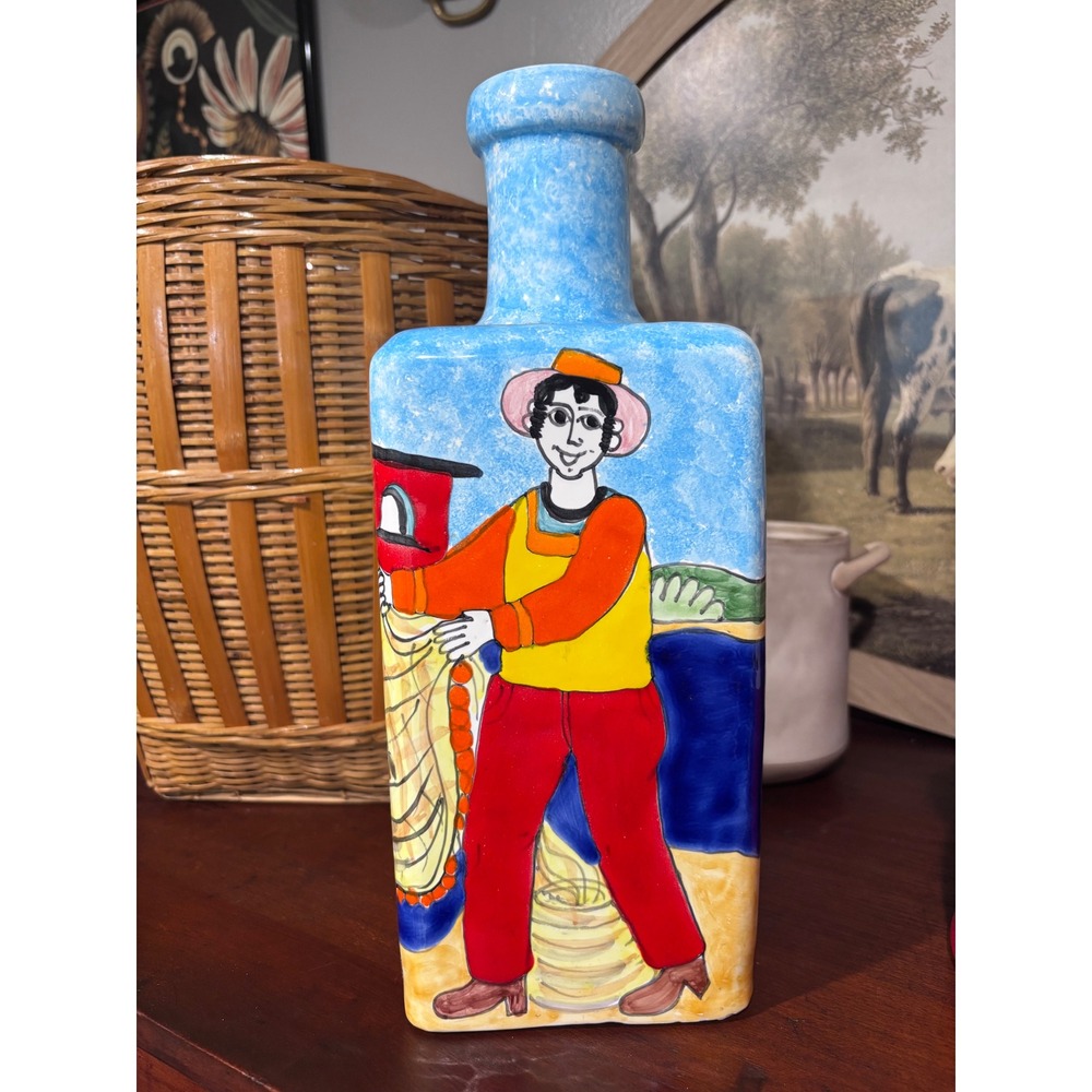 Vintage Nino Parrucca Italy Hand Painted Ceramic Bottle Coastal Folk Art 73A